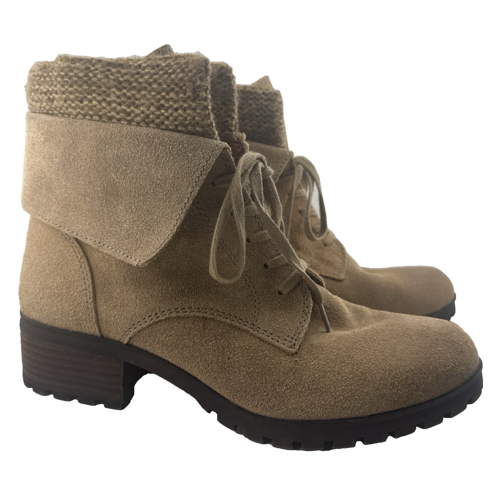 LUCKY BRAND Huntress Lace Up‎ Ankle Boots Tan w/ knit collar Size 9 M/ EU 39 EUC
